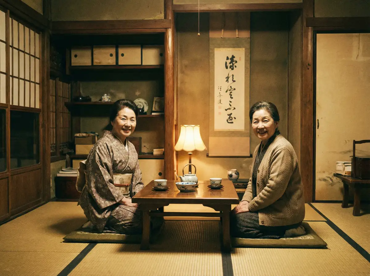 两位优雅的 黑料51 在日式茶室中品茶交谈